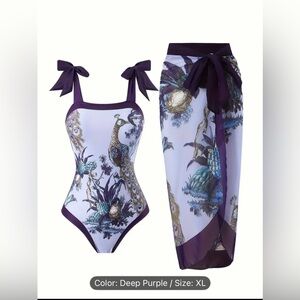 NWOT Women’s One Piece Swimsuit With Matching Coverup Skirt XL Deep Purple
